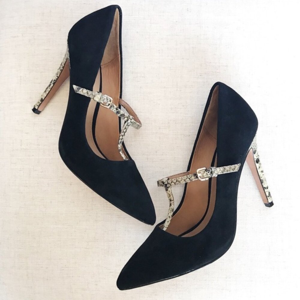 Coach Womens 9 B Fulton T Strap Pumps Black Suede Snakeskin Stiletto Heels Boxed